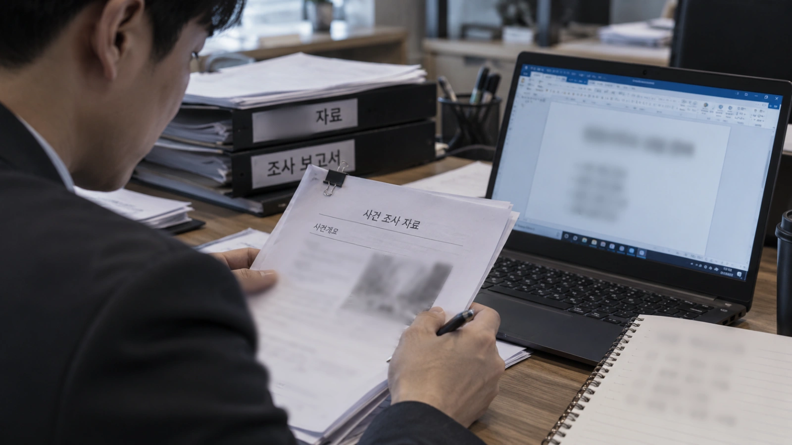 사건 조사 자료를 검토하는 조사원