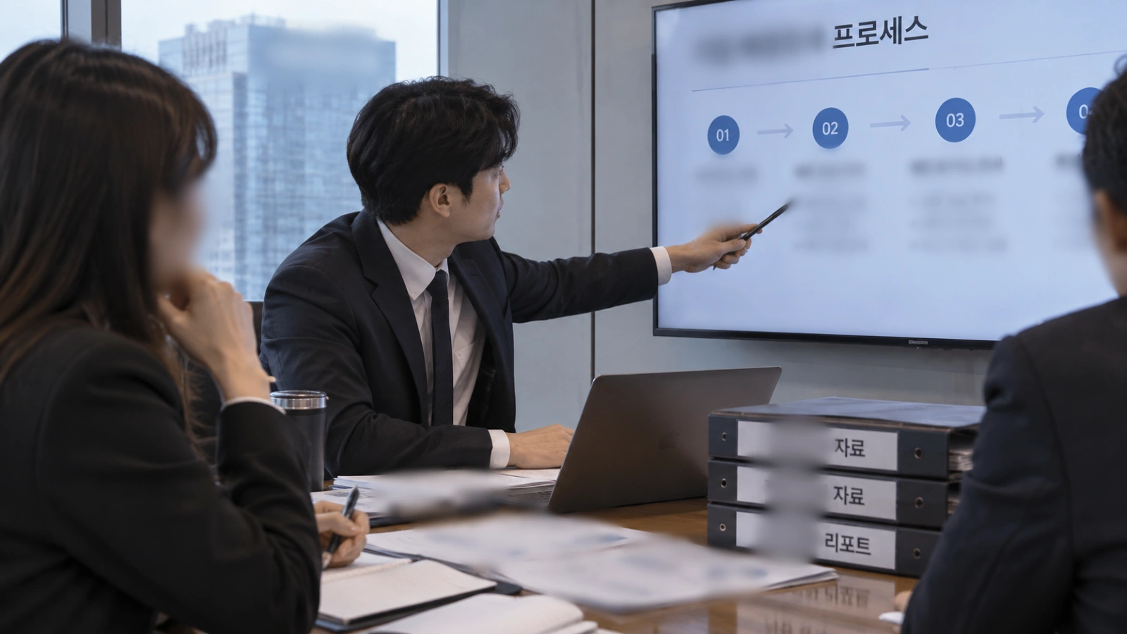 회의실에서 조사 진행 프로세스를 설명하는 모습