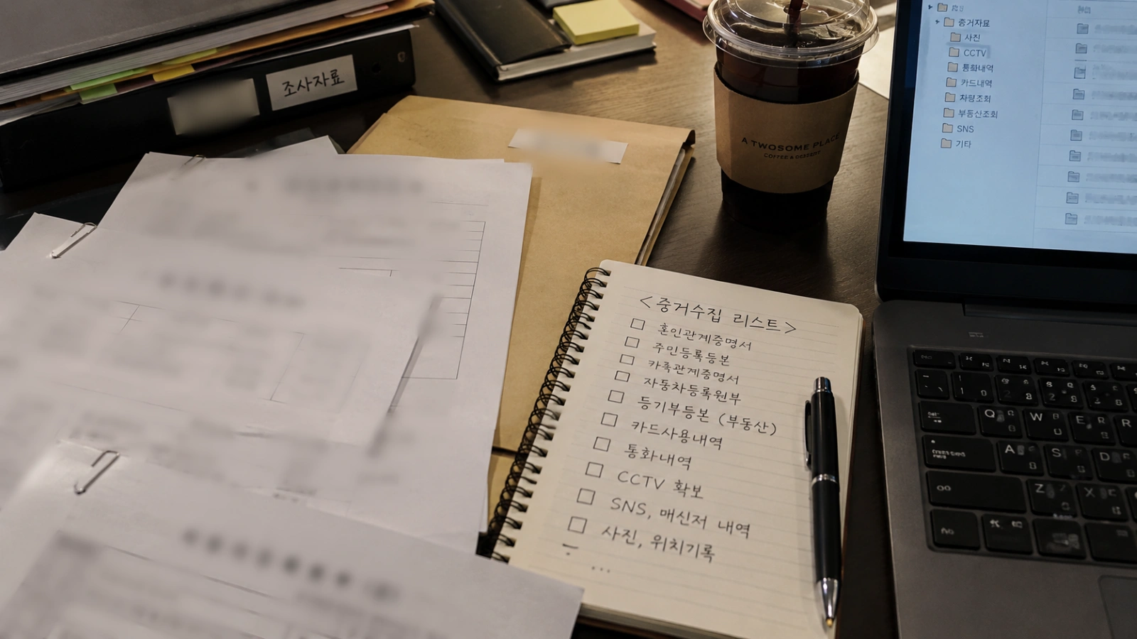 사건 증거수집 체크리스트가 적힌 노트와 서류, 노트북이 놓인 조사 데스크