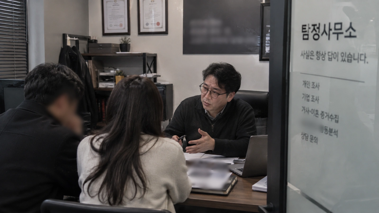 탐정사무소 상담실에서 의뢰인 부부와 상담하는 탐정