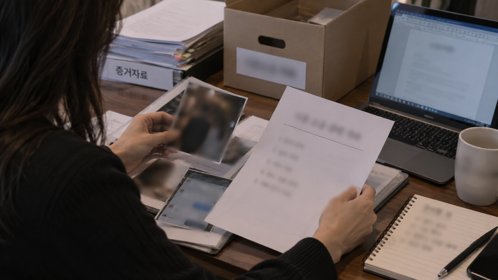 증거 사진과 서류를 정리하는 모습