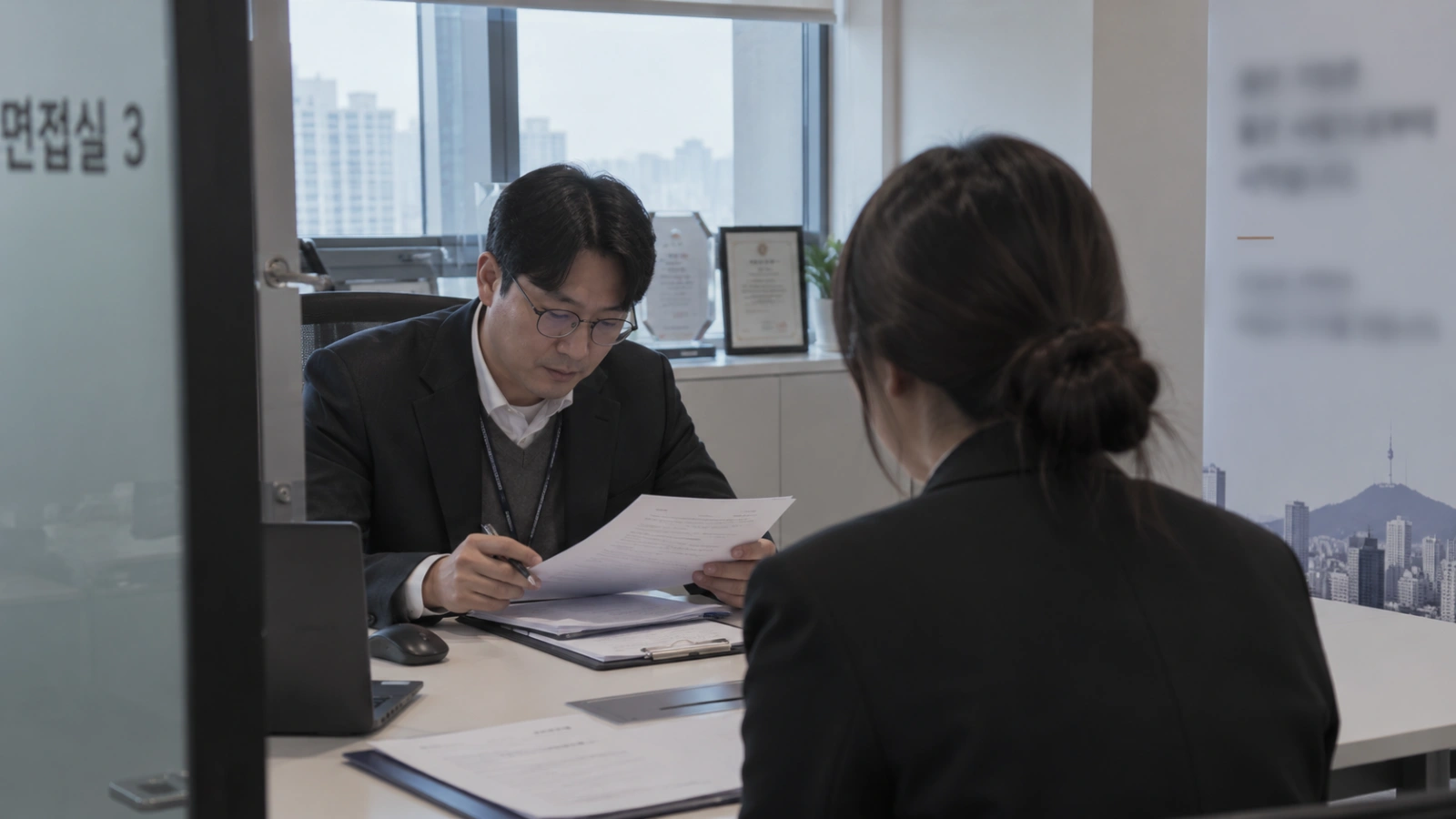 면접실에서 서류를 검토하며 채용 면접을 진행하는 모습
