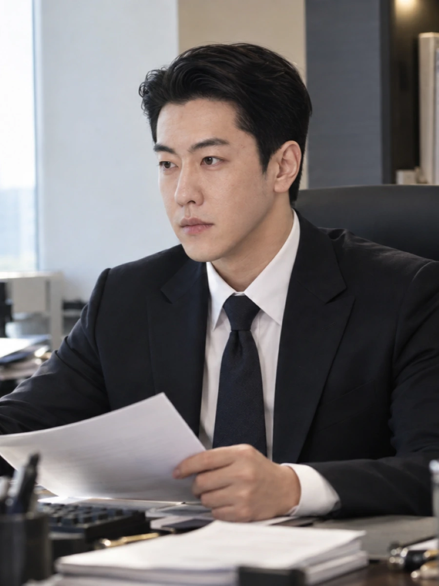 정장을 입은 남성이 사무실 책상에서 서류를 검토하는 모습