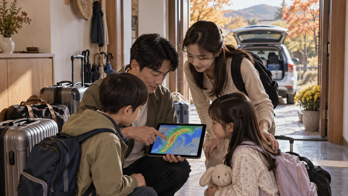 추석 귀성 준비 중 기상청 지역별 날씨 지도를 확인하는 가족