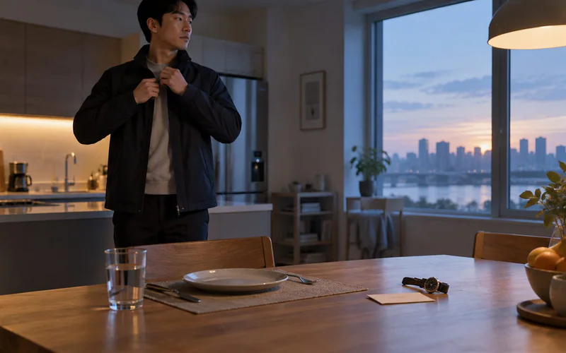 이른 아침 건강검진을 앞두고 빈 식탁에서 외출을 준비하는 사람