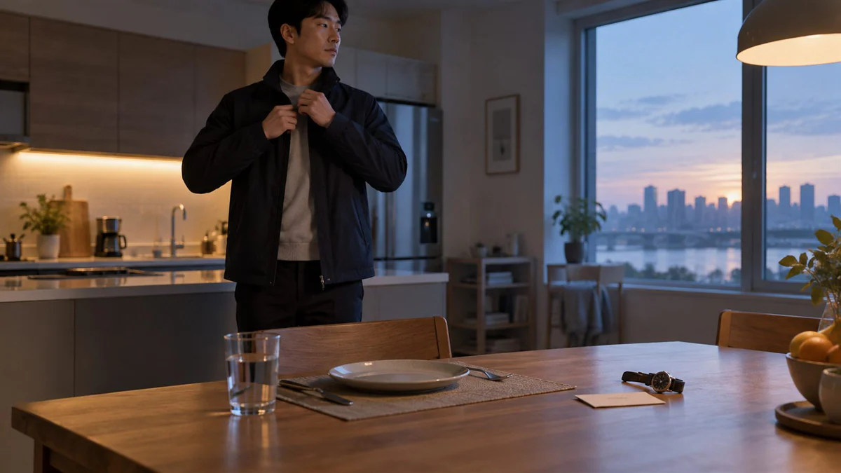 이른 아침 건강검진을 앞두고 빈 식탁에서 외출을 준비하는 사람