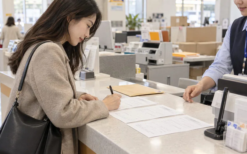 우체국 창구에서 같은 내용의 문서 세 부를 준비해 내용증명을 접수하는 모습