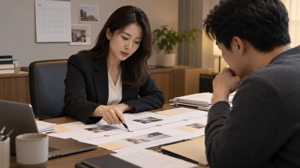 이혼 전 외도조사 시기와 기간을 일정표로 검토하는 상담 장면