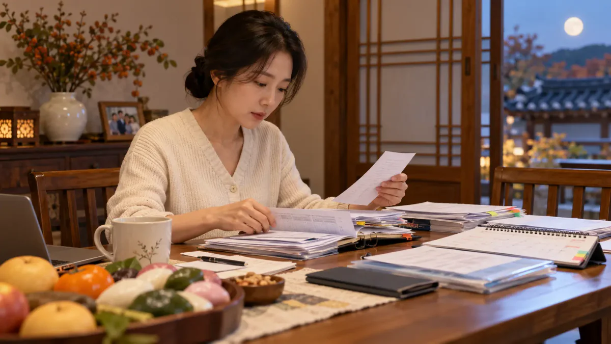 추석 연휴 한국 가정에서 일정과 영수증을 차분히 정리하는 성인