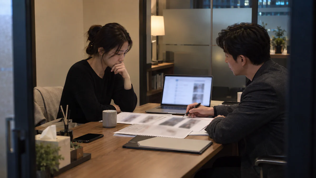 비공개 상담실에서 상간자 관련 단서를 정리하는 의뢰인과 조사 상담자